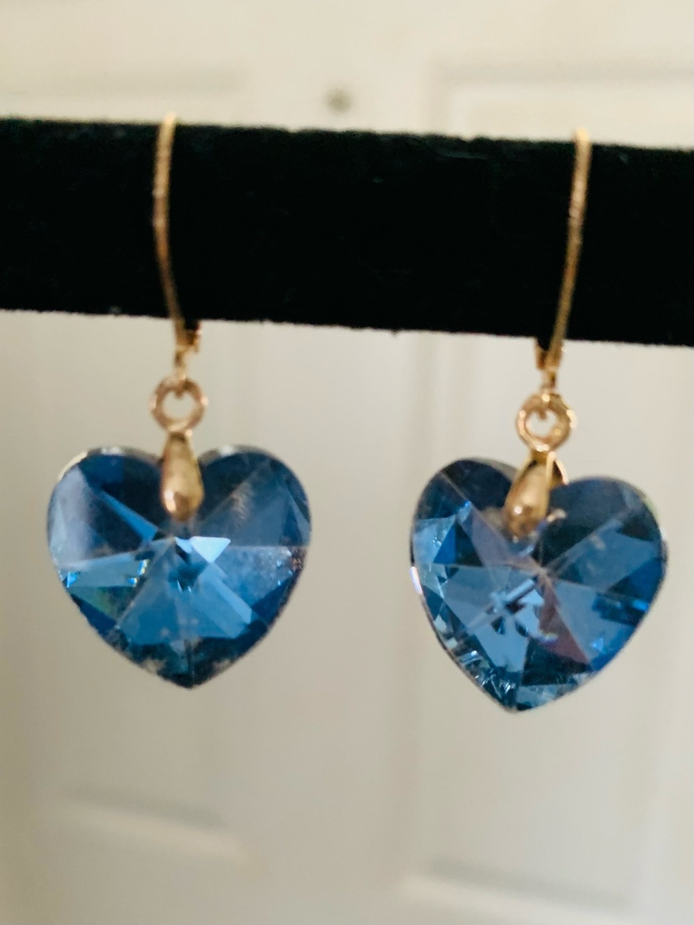 Blue Crystal Heart Drop Leverback Earrings